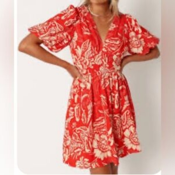 Abel the Label Floral Print Dress Orange Cream Mini Puff Sleeves Womens Small - Picture 1 of 10
